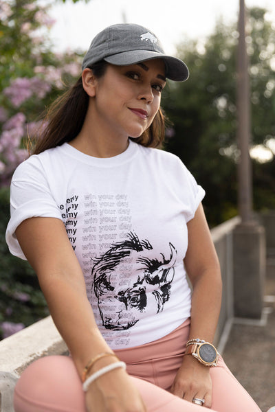 1Enemy's black and white win your day t-shirt design is about to become your new favorite workout tee. With comfort and breathability, you won't want to wear anything else.#color_white