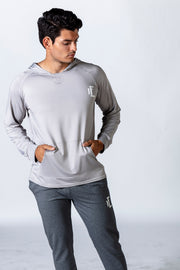 Men's grey workout hoodie from 1Enemy is a lightweight pullover style hoodie, perfect for any workout or hangout. A cool textured design in the back featuring our logo will help you stand out from the crowd. #color_grey