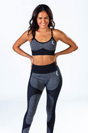 The women's contour gym leggings by 1Enemy are built for comfort and support with the high waisted waist band and contour effect. #color_black-grey-wave