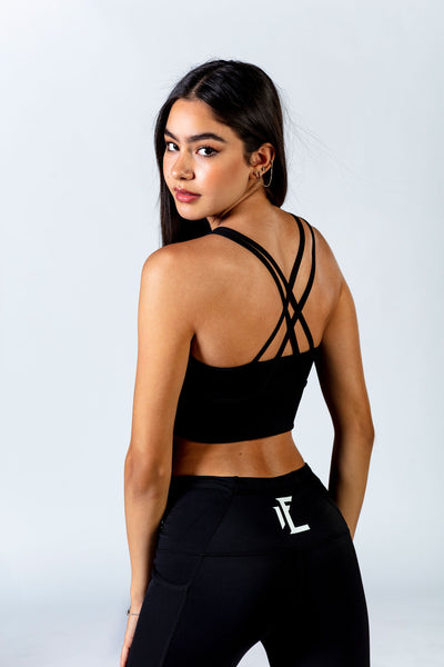 1Enemy's black seamless sports bra with a sexy strappy back bringing comfort and functionality together. #color_black