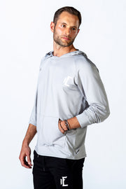 This cool lightweight workout hoodie for men comes in a variety of colors to fit your style. This pullover style hoodie is the perfect addition to any workout.  #color_grey