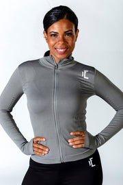 1Enemy's grey workout jacket zips all the way up to keep you warm during your workout. #color_grey