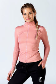 1Enemy's pink workout jacket with thumbholes and a fun design, you will be comfortable to take on any workout. #color_pink