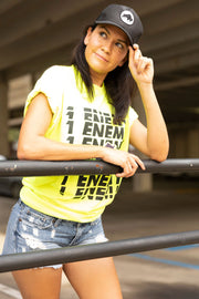 This vibrant neon workout tee features a bold repeated logo for an energetic feel and unique look that will have you turning heads everywhere you go.   #color_neon