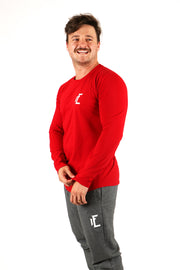 The long sleeve shirts for men will keep you warm and comfortable during your workouts. With the sweat wicking material you are sure to stay dry and looking fresh the whole day. #color_red