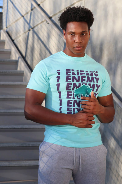 1Enemy's new streetwear t-shirt collection is made of 100% cotton material, and made to last. This teal graphic design t-shirt will add some flair to your everyday workout.   #color_teal