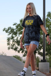 1Enemy's new dark tie-dye workout tee with bold yellow font in a reflection style is here to help gear you up for your next workout.  #color_yellow