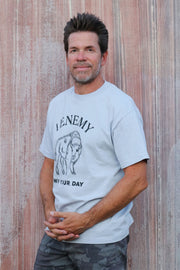 1Enemy's new win your day t-shirt in black and grey, featuring our bison logo. It will be your new favorite workout tee.