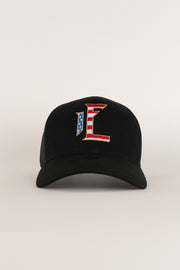 1Enemy's trucker hat for men and women featuring our logo in an American flag design.
